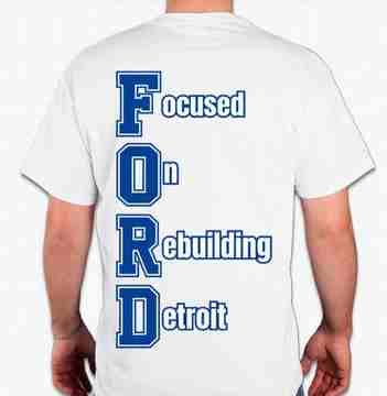 Back view of Veloreah Focused On Rebuilding Detroit white graphic T-shirt